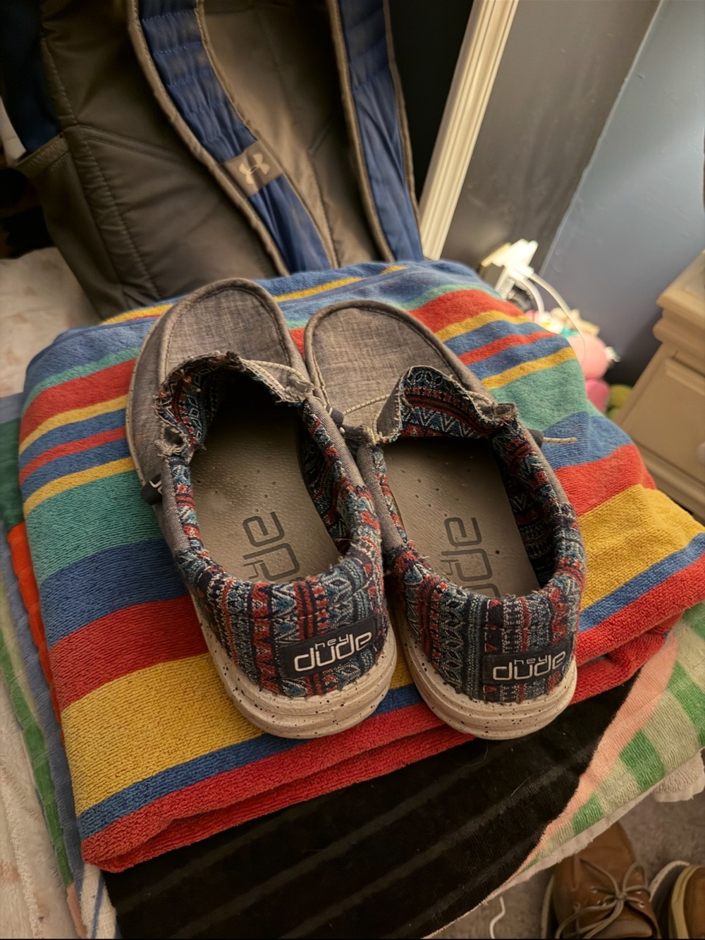 Hey Dude Kids Gray Slip-On Shoes with Multicolor Aztec Trim